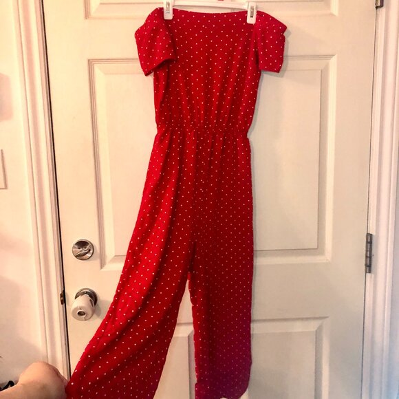 RIPE Maternity Jumpsuit M Red Polka Dot Off Shoulder Wide Leg Holiday Vacation - Picture 3 of 4